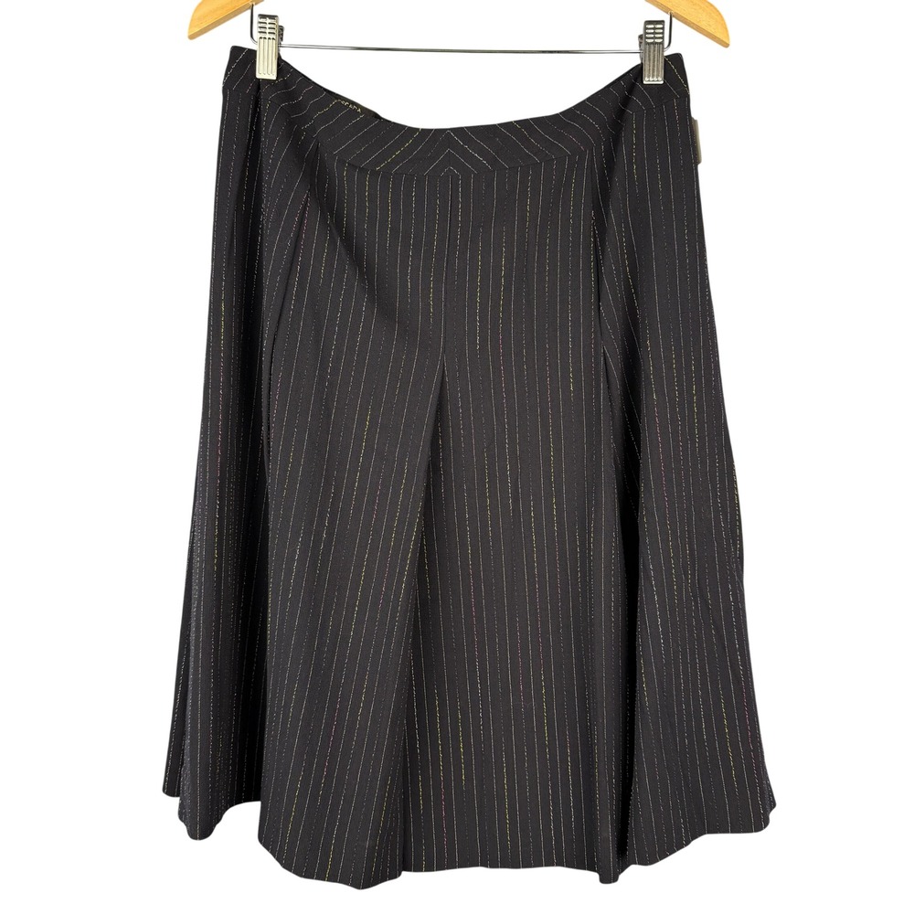 Escada Skirt 42 Black A-Line Wool Blend Rainbow Pinstripe Midi Office Minimalist - Picture 3 of 10